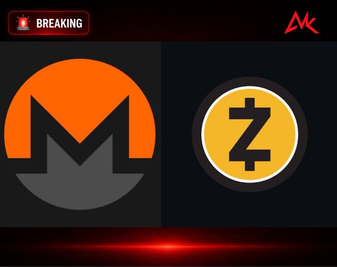 A 'BREAKING' news-style graphic featuring the Monero (XMR) and Zcash (ZEC) logos side by side.