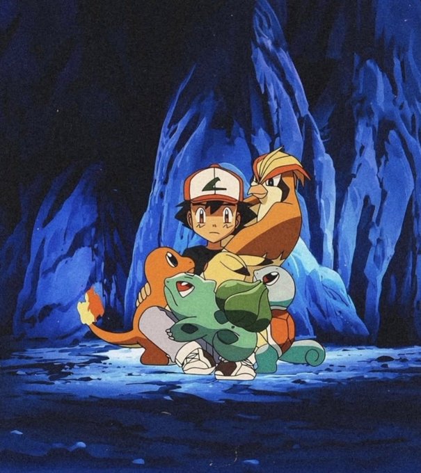 A scene from the Pokémon anime featuring Ash Ketchum surrounded by his Pokémon—Charmander, Bulbasaur, Squirtle, and Pidgeotto—in a dark, blue-toned cave.