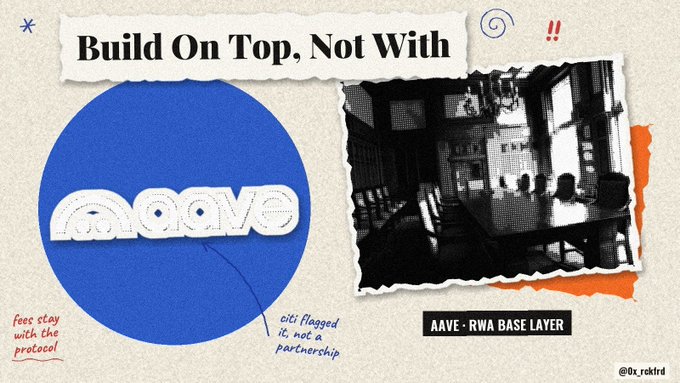 A collage-style graphic reads “Build On Top, Not With” and shows a blue circle labeled “aave,” a black-and-white office image, and notes including “feet stay with the protocol,” “alt flagged it, not a partnership,” and “AAVE-RWA BASE LAYER.”