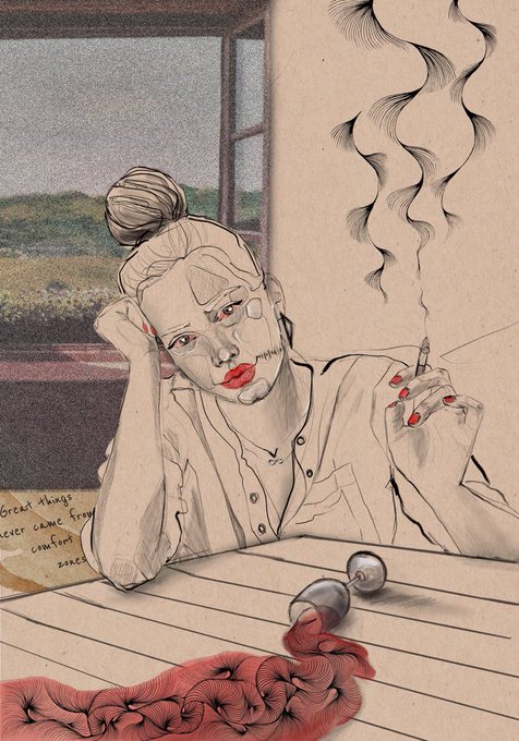 An illustration of a woman with her hair in a bun, holding a cigarette, with red nail polish and lipstick, sitting at a wooden table with red yarn spilling out, with text reading 'Great things never came from comfort zones.'