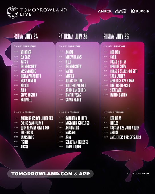 Tomorrowland Live 2026 festival lineup poster featuring Mainstage and Freedom stage set times across July 24-26 (Friday-Sunday), headlined by Hardwell, Calvin Harris, and Martin Garrix, sponsored by Anker, Coca-Cola, and KuCoin. The image complements the announcement by displaying the full weekend schedule of performers available to stream live on Tomorrowland.com and the app in CEST.