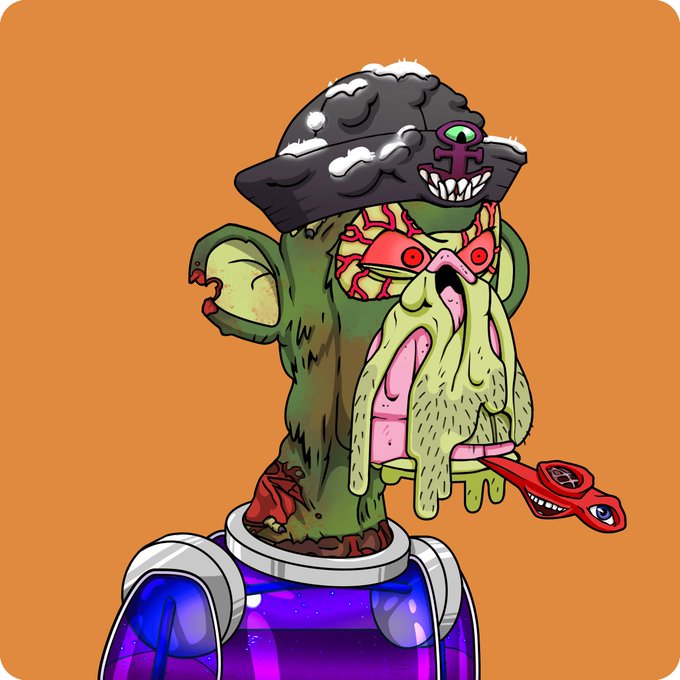 The image features a cartoon character wearing a purple suit, hat, and gloves with a red scarf around their neck. The character has a face painted on them that looks like a human being but with an alien-like appearance. They are holding a pair of scissors in one hand and a toothbrush in the other. The background is orange, which contrasts with the purple outfit and adds to the overall visual appeal of the image. The caption reads "I am an ape! #community #art #BoredApeYC".