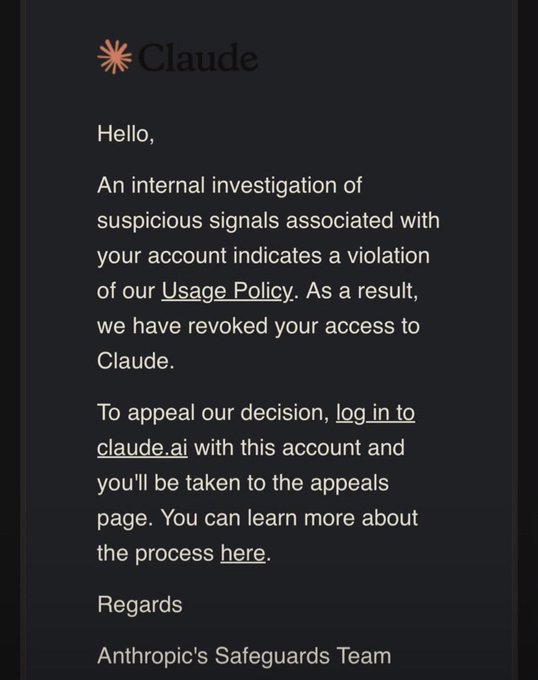 An email from Claude/Anthropic's Safeguards Team notifying the recipient that their access has been revoked due to a violation of the Usage Policy.