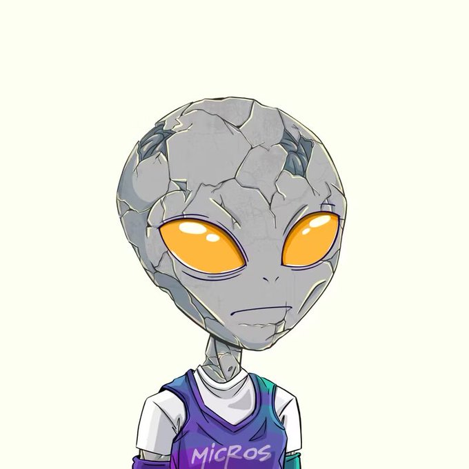 A digital illustration of a grey stone-textured alien character with large orange eyes wearing a purple shirt with "MicRos" written on it.