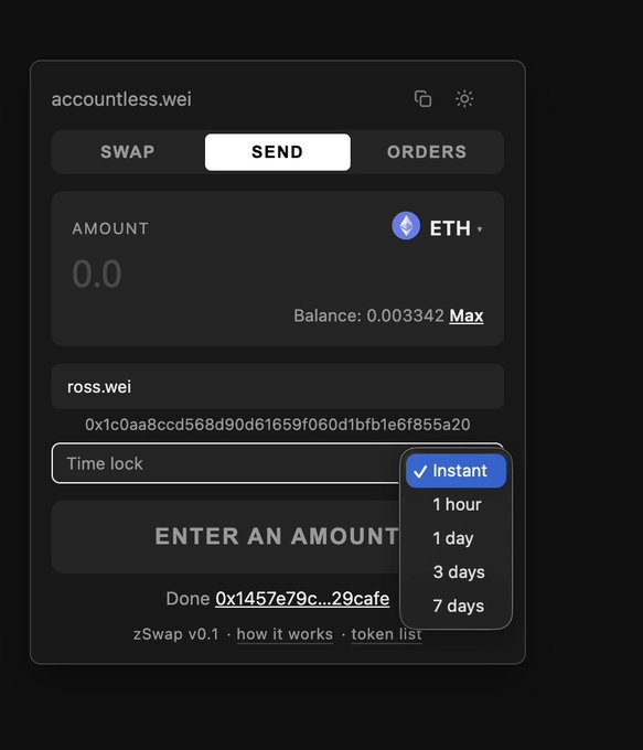 Dark-themed cryptocurrency wallet interface for 'accountless.wei' showing a SEND tab with an ETH amount field, a recipient address 'ross.wei', and a time lock dropdown menu offering options: instant, 1 hour, 1 day, 3 days, 7 days.