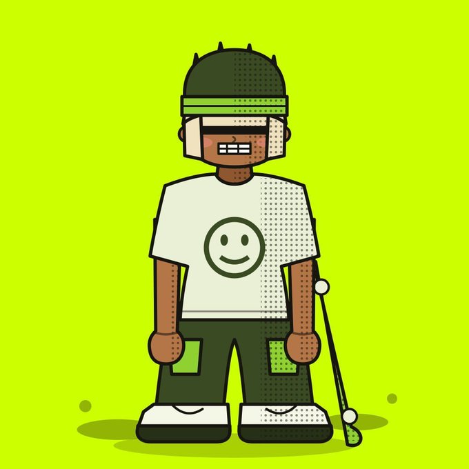 A cartoon-style illustration of a Black character with dark skin, wearing a green beanie, a VR headset, a white t-shirt with a smiley face, green pants, and gold teeth, holding a golf club against a green background.