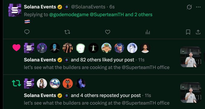 A screenshot of an X (Twitter) post by Solana Events replying to users including @godemodegame and @SuperteamTH, showing engagement notifications with likes and reposts from the community.