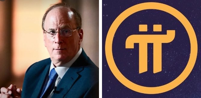 Larry Fink, CEO of BlackRock, appears alongside the Pi Network (π) cryptocurrency logo, visually tying BlackRock's blockchain-focused whitepaper on AI and digital assets to the broader crypto ecosystem.