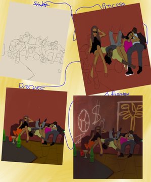 A four-panel artwork process labeled 'Sketc', 'Process', 'Process', and 'A. Finiend' showing the progression from a rough line sketch to a fully rendered scene of figures on a couch with graffiti in the background.