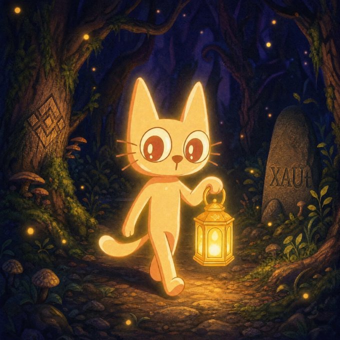 A glowing cartoon cat holding a lantern explores a mystical forest beside a tombstone marked "XAUt." The image symbolizes treasure hunting and discovery, visually playing on the "CETS" ticker by suggesting a quest for hidden value—possibly tying the gold-backed "XAUt" token as the buried treasure while $CETS is positioned as the key to finding it.