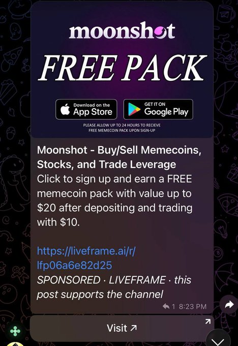 The image shows a sponsored Moonshot app ad promoting a free memecoin pack (up to $20 value) after depositing and trading with $10, available on App Store and Google Play. The post relates to the ad as it highlights Liveframe's expansion into serving traders and funded groups onchain, suggesting crypto trading platforms like Moonshot could be a new ad vertical for their network.