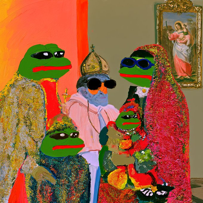 A digital painting in the style of meme culture featuring multiple Pepe the Frog characters, some wearing papal mitres and dark sunglasses, positioned around a religious figure in front of a classical religious painting in a gilded frame.