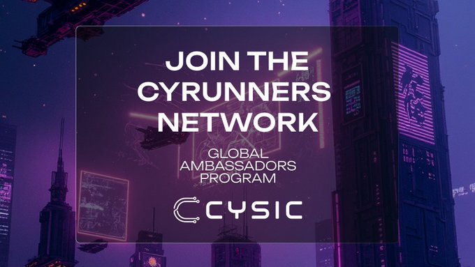 The image features a city skyline with buildings lit up at night, including one building that has neon lights on its facade. The text "JOIN THE CYRUNERS' NETWORK" is displayed above the scene, indicating an invitation for people interested in joining the CyRunner Cohort to participate in a global network of builders and creators pushing ComputeFi forward.