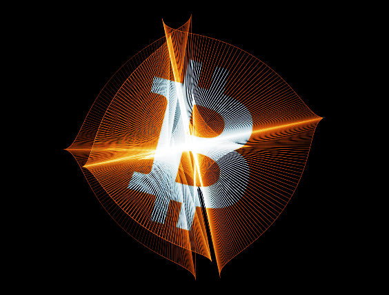 A stylized orange and white Bitcoin logo with radiating geometric lines and pointed shapes against a black background.