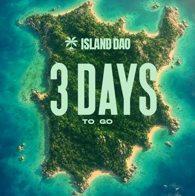 The image features a green island with a white border, surrounded by blue water. The island has palm trees scattered throughout its landscape. In the background, there are rocks visible near the shoreline. The text "three days to go" is written in white above and below the island, indicating that it's time for people to arrive at this tropical destination.