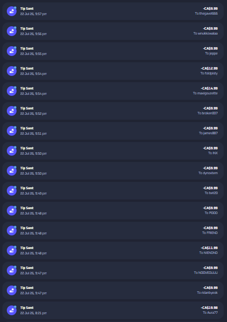 The image shows a transaction history on Stake displaying multiple "Tip Sent" entries on July 02, all at 9:56 or 9:57 PM, with each tip valued at CA$9.99 (totaling CA$14.99 in one entry) sent to various users like dreywood88, Juppe, Pablopay, etc., illustrating the $25 random retweet giveaway referenced in the accompanying post where users deposit under code "tem" to participate.