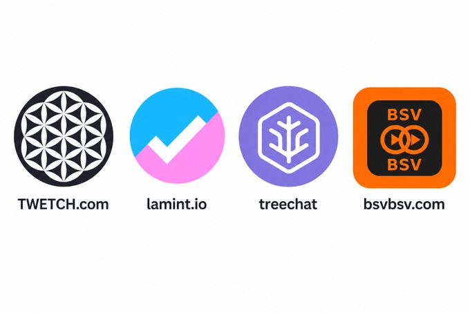 A graphic displaying four logos with their corresponding names: twetch.com (flower of life), lamint.io (checkmark), treechat (tree icon), and bsvbsv.com (orange square).
