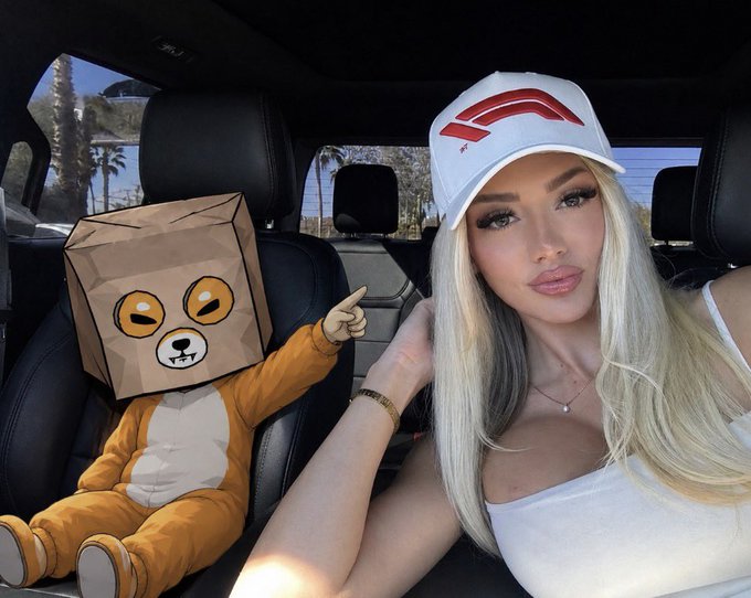 A blonde woman wearing a white cap takes a selfie in a car next to a cartoon figure with a brown paper bag over its head featuring dog-like facial features, visually representing the dog-themed memecoin narrative ($ZSHIB, DOGE, SHIB, BONK, FLOKI, WIF) discussed in the post.