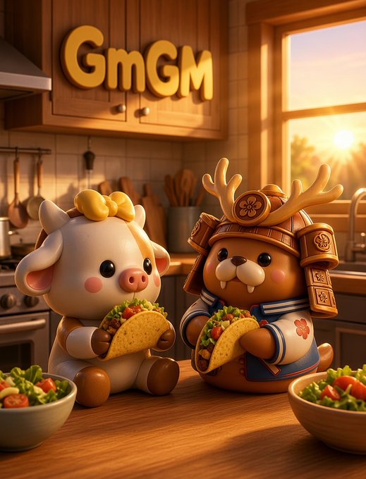A cartoon-style illustration shows a pig in a yellow bow and a beaver in samurai armor eating tacos at a wooden table in a sunlit kitchen, with "GmGM" displayed on the cabinets.