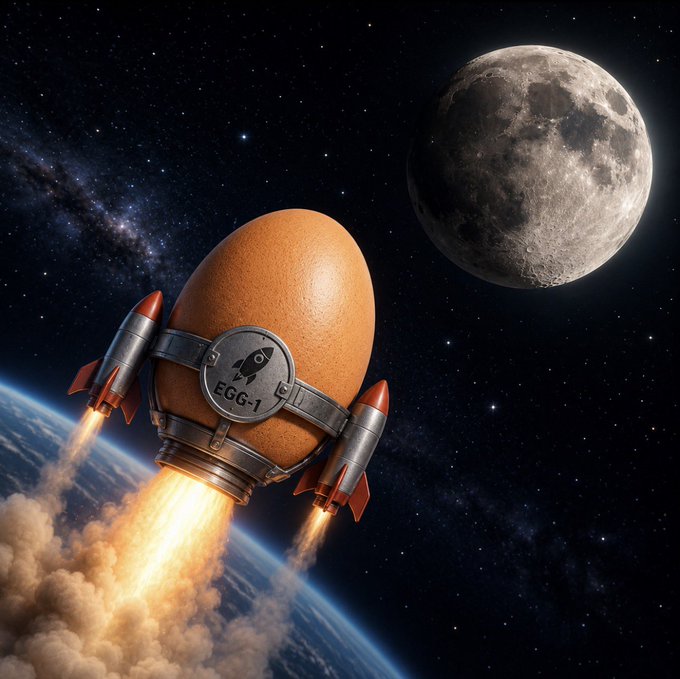 AI-generated image showing an egg-shaped rocket labeled 'EGG-1' launching toward the moon with rocket boosters, set against a starry space backdrop with Earth below.