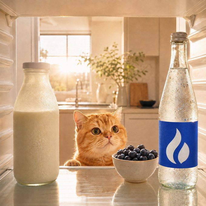 An orange tabby cat peeks curiously from behind a kitchen counter, flanked by a glass bottle of milk, a bowl of fresh blueberries, and a chilled sparkling water bottle featuring a blue label with a white flame logo—all bathed in warm morning sunlight streaming through the window, perfectly capturing the cheerful, refreshing start to a Friday morning.