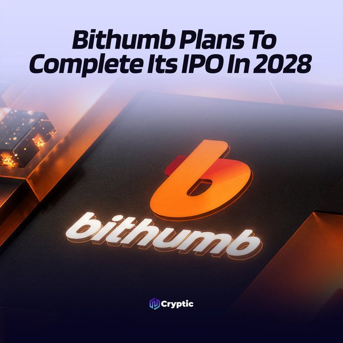 The image shows a stylized graphic of a glowing circuit board with the Bithumb logo, accompanied by the headline "Bithumb Plans To Complete Its IPO In 2028." This visual accompanies news that the South Korean crypto exchange Bithumb is targeting a 2028 IPO, following governance upgrades in 2026 and a preliminary listing review in 2027.