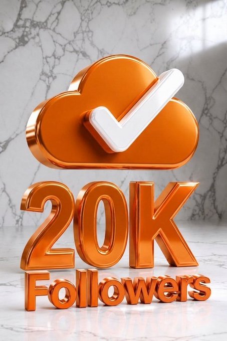 A 3D rendered graphic celebrating '20K Followers' in orange text, featuring a cloud icon with a checkmark above it on a marble background.