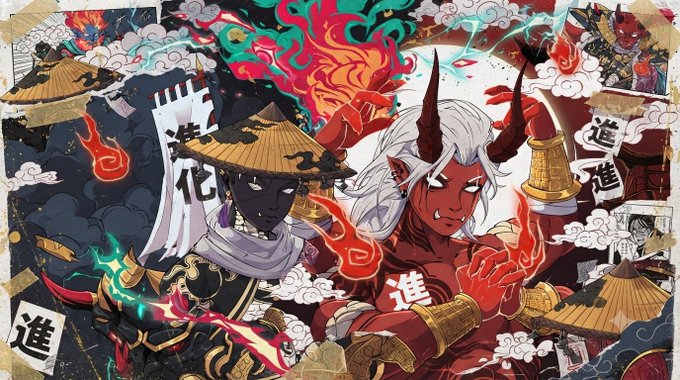 Anime-style illustration featuring two characters, one with dark skin wearing a straw hat and another red demon-like figure with horns, surrounded by Japanese kanji '進化' (evolution) characters.