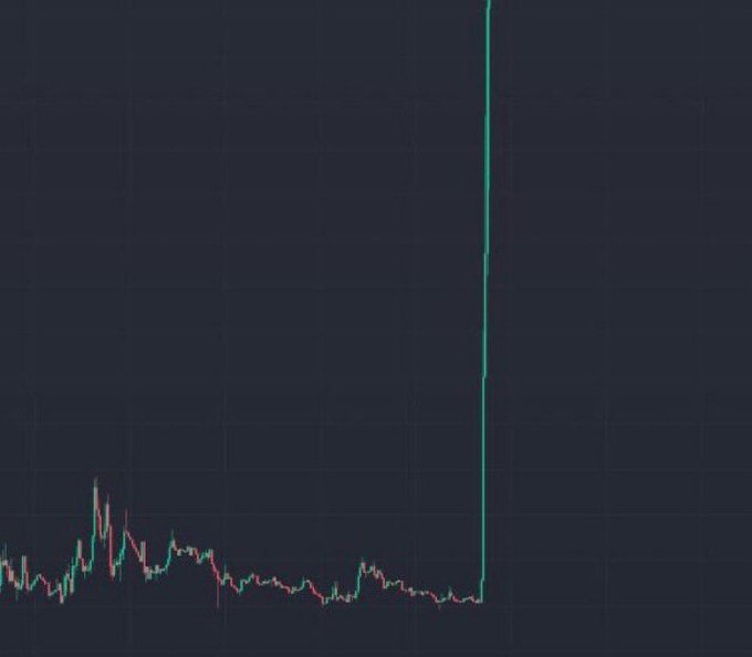 A candlestick price graph displays a mostly sideways pattern followed by a sudden, near-vertical green spike shooting up from the lower portion of the chart, illustrating the dramatic price surge the user hopes to capture shortly after purchasing.