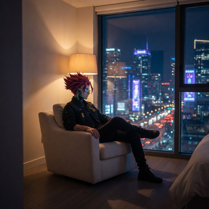 A red-haired, cybernetic figure lounges contemplatively in a modern chair beside a glowing lamp, gazing out at a neon-lit cityscape filled with "COINBASE" signage—evoking the quiet reflection of someone weighing the ghosts of fallen crypto projects against the ever-bright promise of the blockchain era.