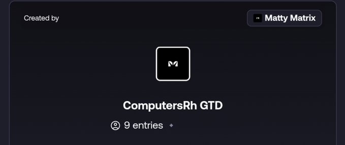 A dark-themed profile card created by "Matty Matrix" displays the user **ComputersRh** with their avatar (a black square featuring a white "M"), the title "ComputersRh GTD," and a note indicating "9 entries." This image represents the profile/card backing the free mint announcement celebrating the 3,333 supply allocation.