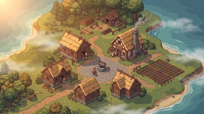 An illustrated isometric view of a small medieval-style village with thatched-roof houses, a blacksmith, and farm fields by the coast.