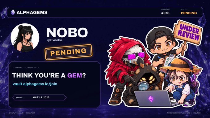 A promotional NFT-style graphic labeled “ALPHAGEMS” shows “NOBO,” a “PENDING” status, and cartoon characters beside an “UNDER REVIEW” sign.