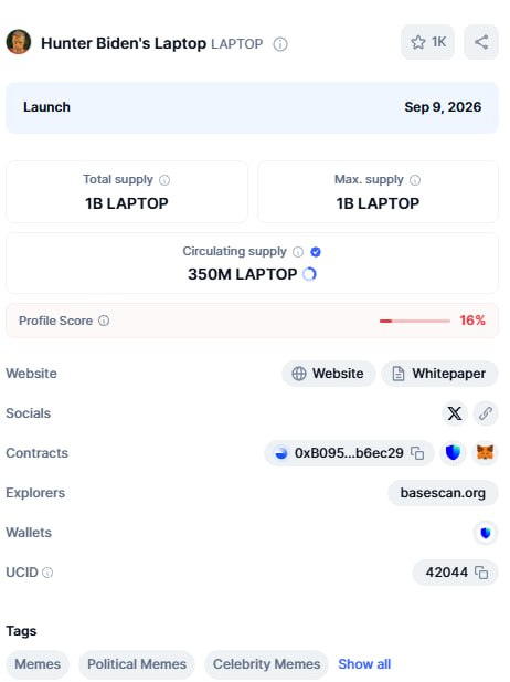 The image shows a cryptocurrency tracking page for "Hunter Biden's Laptop" ($LAPTOP) token, displaying a launch date of Sep 9, 2026, with a total supply of 1B LAPTOP and circulating supply of 350M LAPTOP. The page also includes social links, contract address (0xB095...b6ec29), and tags categorizing it under Memes, Political Memes, and Celebrity Memes—reflecting the post's description of Hunter Biden launching a politically-themed meme coin inspired by the 2020 laptop controversy.