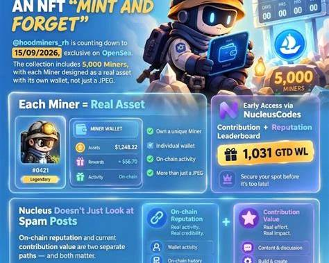 Promotional graphic for an NFT 'MINT AND FORGET' by @hoodminer_rh, noting 5,000 Miners and an OpenSea launch date of 15/09/2026.