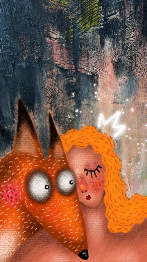 A whimsical illustration shows a wide-eyed orange fox nuzzling against a sleeping girl with curly orange hair, set against a dark, painterly forest background with a glowing crown floating above her head.
