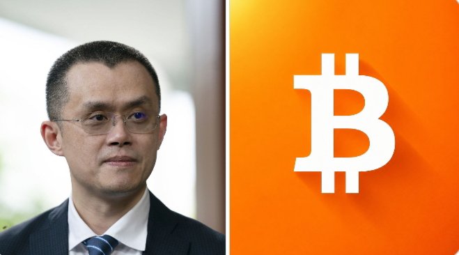 A bespectacled man in a dark suit and blue tie appears beside the orange and white Bitcoin "₿" logo, visually representing Binance founder CZ in connection with his message on patient crypto investing.