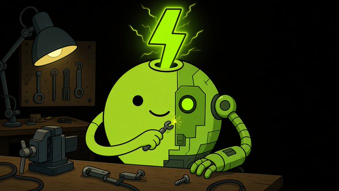A cartoon illustration of a green, round, one-eyed robot with a lightning bolt antenna being repaired with a wrench at a workbench, surrounded by tools and a vise.