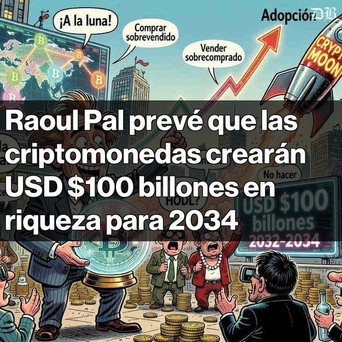 A cartoon-style image shows investors debating crypto trading strategies with speech bubbles reading "¡A la luna!" (To the moon!), "Comprar sobrevendido" (Buy oversold), "Vender sobrecomprado" (Sell overbought), and "No hacer" (Do nothing), alongside a rocket labeled "CRYPTO MOON," Bitcoin symbols, and a screen displaying "USD $100 billones 2032-2034." A bold Spanish headline overlays the scene stating "Raoul Pal prevé que las criptomonedas crearán USD $100 billones en riqueza para 2034" (Raoul Pal predicts cryptocurrencies will create $100 trillion in wealth by 2034), visually reinforcing the post's message about Pal's bullish long-term crypto wealth projection and his advice on strategic buying and avoiding overtrading.