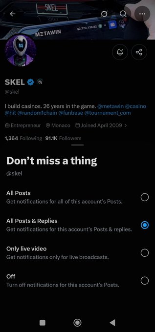 An X (Twitter) mobile app screenshot showing the verified profile of @skel with the description 'I build casinos, 26 years in the game,' displaying 1,364 Following and 91.1K Followers, with the 'All Posts & Replies' notification option selected.