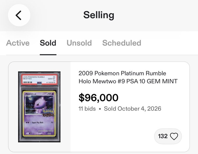 A screenshot of a sold listings page shows a 2009 Pokémon Platinum Rumble Holo Mewtwo #9 PSA 10 GEM MINT card selling for $96,000 with 11 bids on October 4, 2026. The image illustrates the post's sentiment of disappointment despite the record-setting sale price, highlighting how even historic highs in the Pokémon card market can feel underwhelming against inflated expectations.