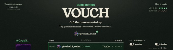 The image displays the "Blockchain Association" logo on a blue background, featuring a stylized white "B" icon above the organization's name, which relates to the post promoting the Commons platform's vouching leaderboard where the user (@crav saf) currently ranks #4,567 with 74,800 points and 5 available vouches to give away.