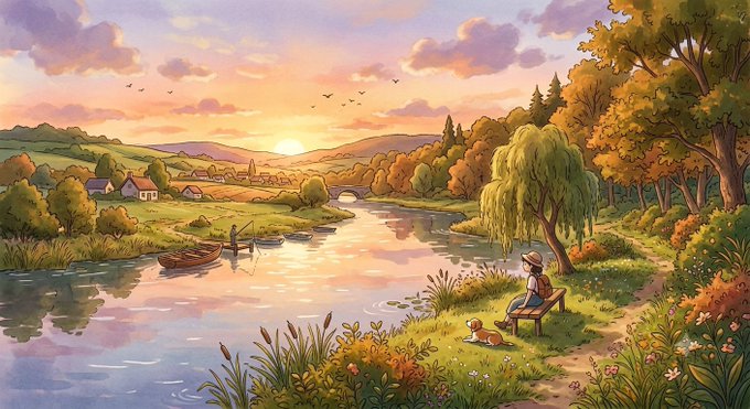A watercolor-style painting depicting a serene sunset landscape with a river, a fisherman in a boat, lush green trees, and a person sitting on a bench with a dog.