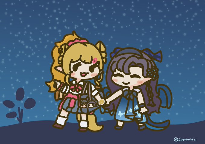 A chibi-style illustration features two cheerful anime-style girls holding hands against a starry night sky—one with long blonde hair in a pink and black outfit carrying a small purse, and the other with long dark purple hair in a blue dress with a bow—signed "Sukoshiakiri" in the bottom right corner.