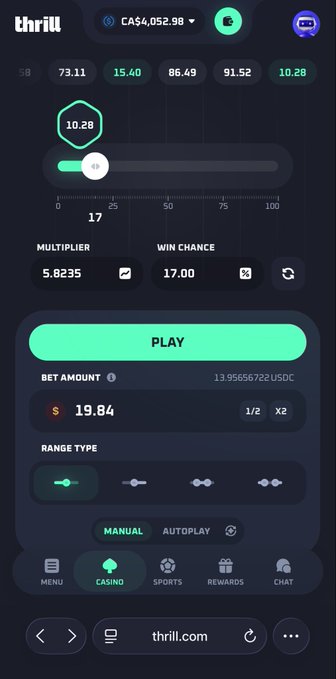 A mobile gambling interface on thrill.com showing a betting game with a multiplier of 5.8235x, win chance of 17.00%, a bet amount of $19.84, and a green 'PLAY' button.
