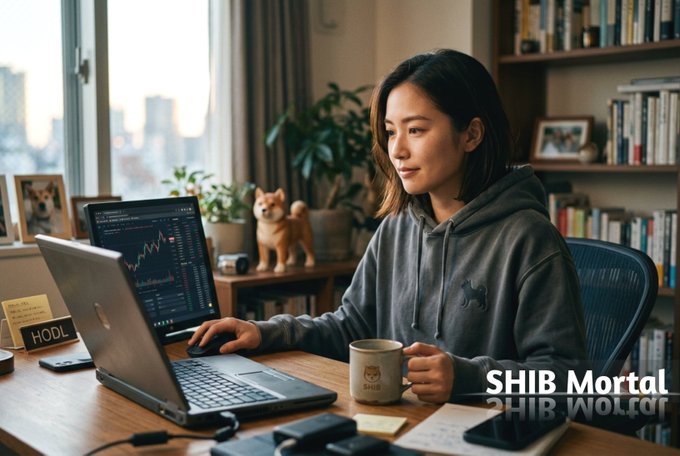 An AI-generated image of an Asian woman in a gray hoodie sitting at a desk with a laptop displaying crypto charts, a Shiba Inu dog figurine, and a 'HODL' sign, with 'SHIB Mortal' branding visible.