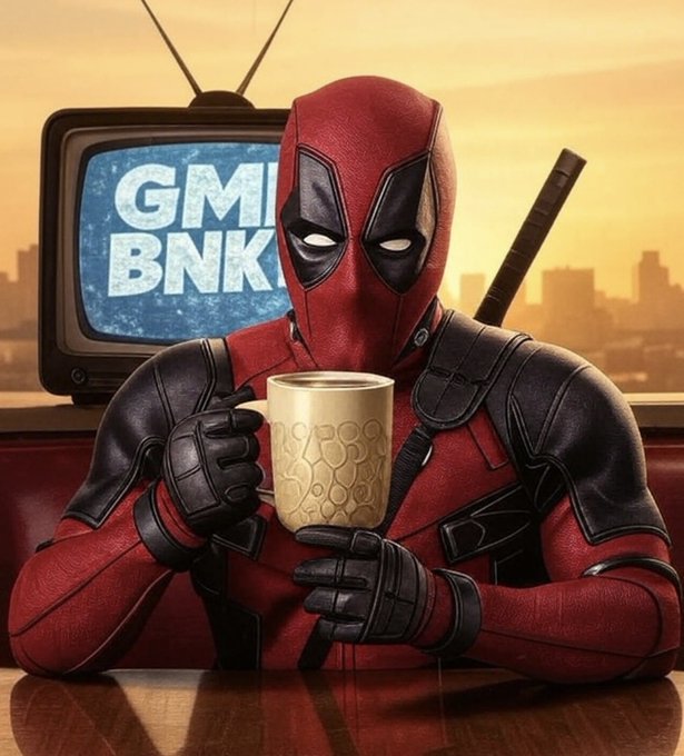 An AI-generated image of Deadpool sitting in a diner booth holding a coffee mug, with a TV in the background displaying 'GMBK'.