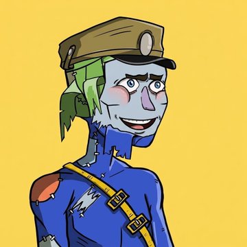 A zombie-like character with green hair, stitched seams, and a military cap smiles against a yellow background, embodying the "MISFITVERSE" collection of 2,222 unique Ethereum NFTs described as stitched, fractured outcasts.