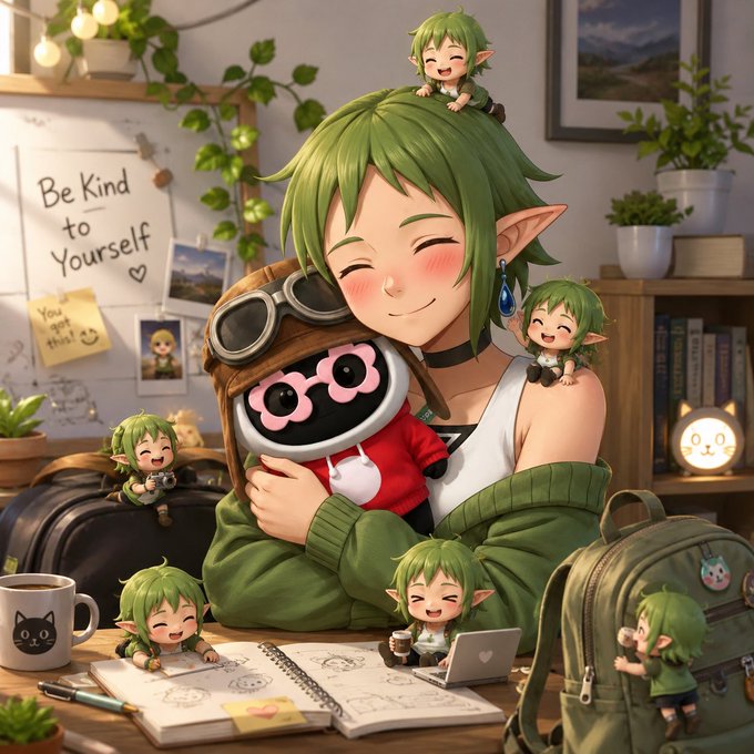 urns, plants, and a whiteboard with "be kind to yourself" written on it are present in the background of an anime illustration featuring a girl holding a pink robot doll.