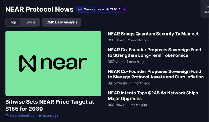 A 'NEAR Protocol News' page showing the NEAR logo on a green background with headlines including 'Bitwise Sets NEAR Price Target at $155 for 2030' and 'NEAR Brings Quantum Security To Mainnet'.